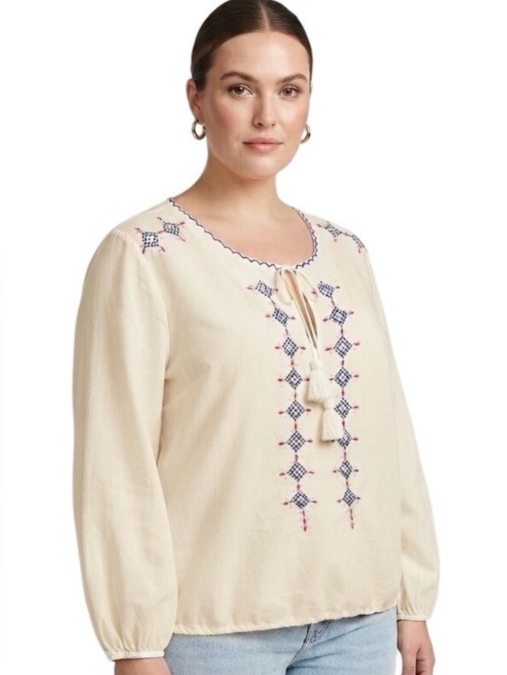 H&M Divided Embroidered Peasant Blouse Cream Viscose Top Tassel Adjustable 12